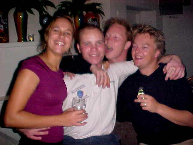 At the local discotheque The Q: a group shot of my neighbour Marjolein (left), me, Gerben (tongue?) and friend Max. 