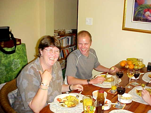 Friend of my hosts, Lara Thomas, was really funny at the table. - Should we take a picture feeding you?