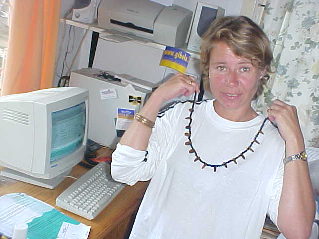 Ulrika poses with her letmestayforaday-gift from my previous hosts Grec and Erika from Port St. John, original bean beads.