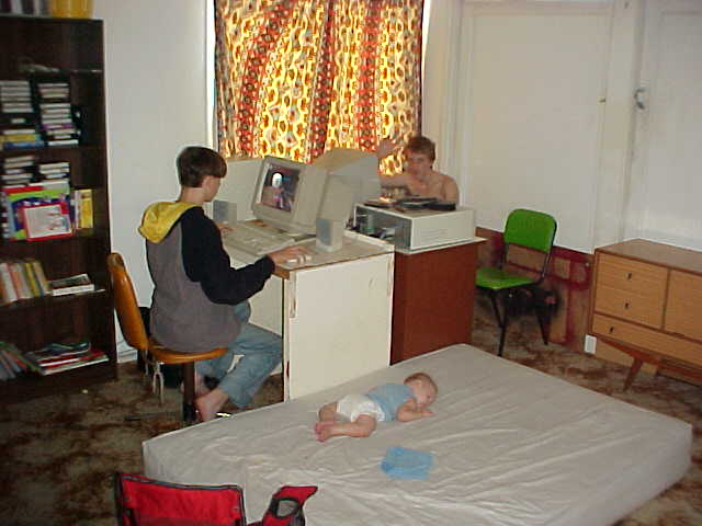 Son David and a friend played Deathmatch games on their computer. Little Storm is sleeping on the mattress.