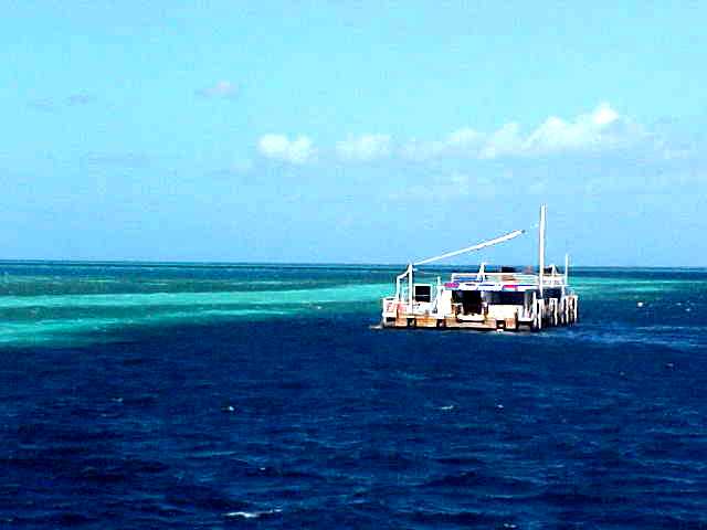 Approaching the ReefWorld pontoon, located along the Great Barrier Reef.