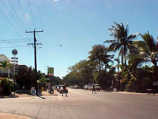 Mission Beach, main street. One of the only streets of the stretched township-village.
