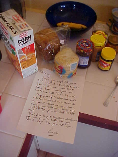 When I woke up late this morning, Linda had already gone to her work. However, she left me a nice note in the kitchen. 
