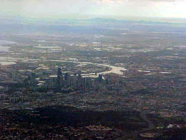 The plane circled around Melbourne central before landing at the domestic airport. Great view on the city (had to enhance the photo a bit, the original was very hazy)...