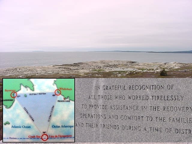 The three sites combined - Whalesback, Bayswater, and the actual crash site - make a triangular shape, which is reflected in the design of the memorials. Whalesback is at the eastern tip of the triangle. As you stand at the monument, facing the ocean, the line on your right is a sight line to Bayswater Beach. The line on your left heads to the crash site, which lies on the horizon. 
