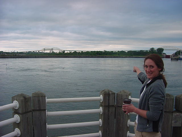 After pizza dinner Beth and I walked along the boardwalk of SSM... Here she points out at the American part of the city.