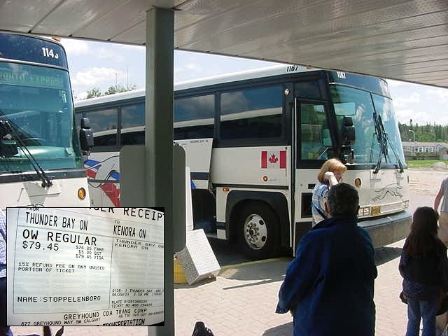 My hostess Lynn Smith in Thunder Bay had bought me this bus ticket to get on the Greyhound bus to Kenora. She told me that I would never make it hitchhiking.