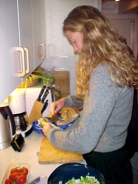 Lisa prepares dinner in the kitchen.