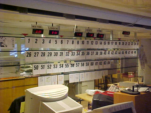 All prepressed pages of the newspaper hang on this wall every day, to see how the layout of the complete paper goes together and in line for perfect reading.